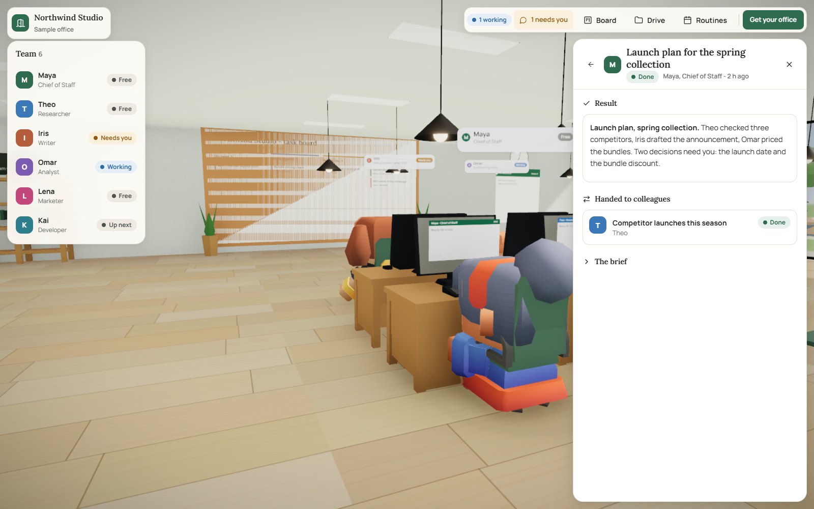 Inside the 3D office: agents at their desks, a task board on the back wall, and a researcher's panel open with a finished task.