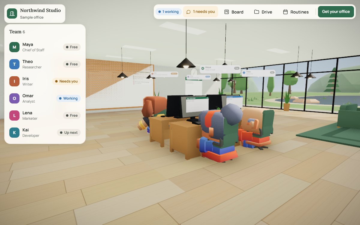 The front desk with role cards: Chief of Staff, Researcher, Writer, Analyst and more.