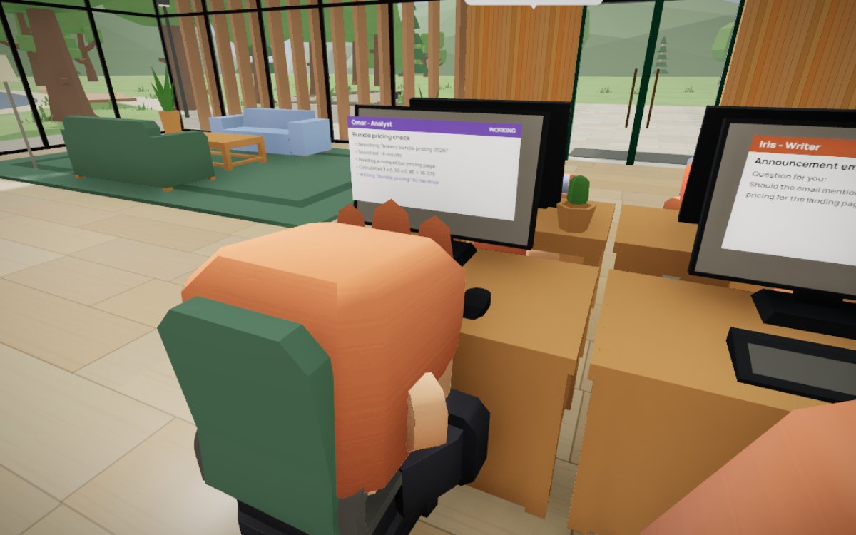 An agent working at a desk, the monitor showing each step: searching, reading a page, writing to the drive.